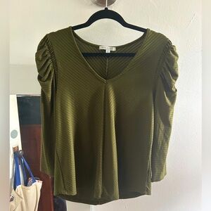 Green Envelope Olive V-Neck Gathered Sleeve Blouse